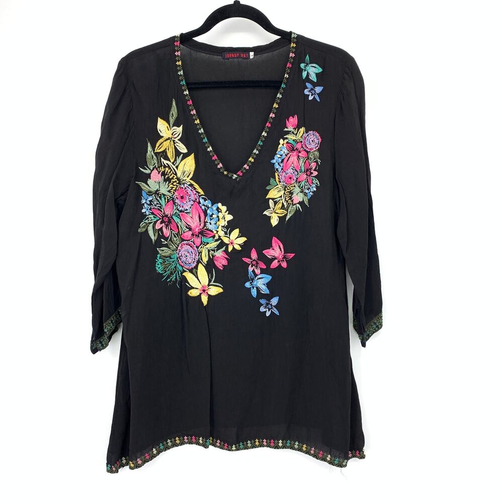 Johnny Was Tunic Womens L Black Floral Embroidered V Neck Boho Blouse Top